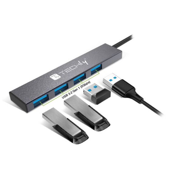 Techly USB-A 3.2 Hub with 4 USB-A Ports 5Gbps Slim Metal