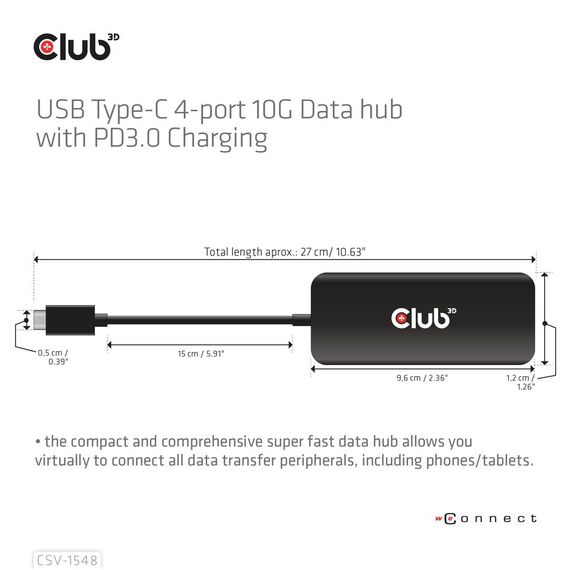 Club 3D USB-Hub Typ C> 4x USB 10Gbps+ 100W PD St/Bu re | CSV-1548