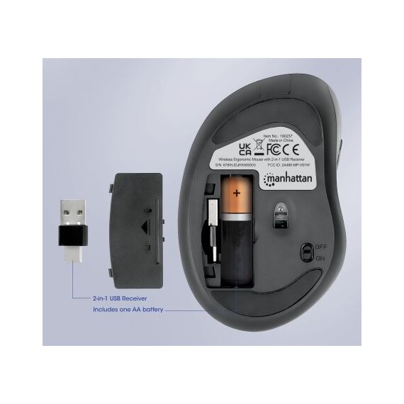 Manhattan Ergonomic Wireless Mouse, Right Handed, Adjust | 190237