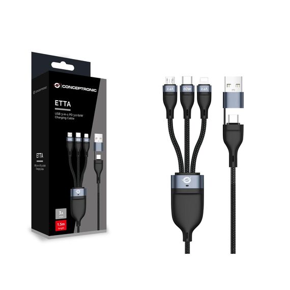 Conceptronic ETTA05B15 USB 3-in-1 PD 3.0 60W Charging Cable 1.5M,