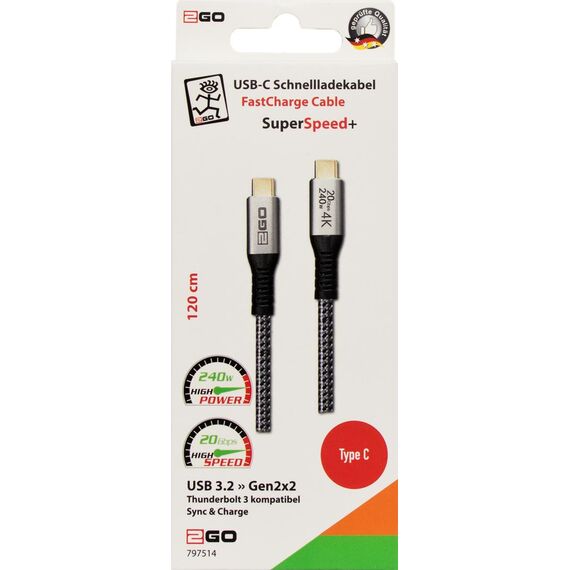 2GO 797514, 1.2 m, USB C, USB C, USB 3.2 Gen 2x2, 20 Gbit/s, Blac