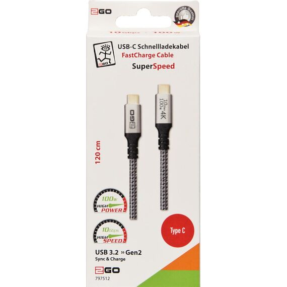 2GO 797512, 1.2 m, USB C, USB C, USB 3.2 Gen 2 (3.1 Gen 2), 10 Gb