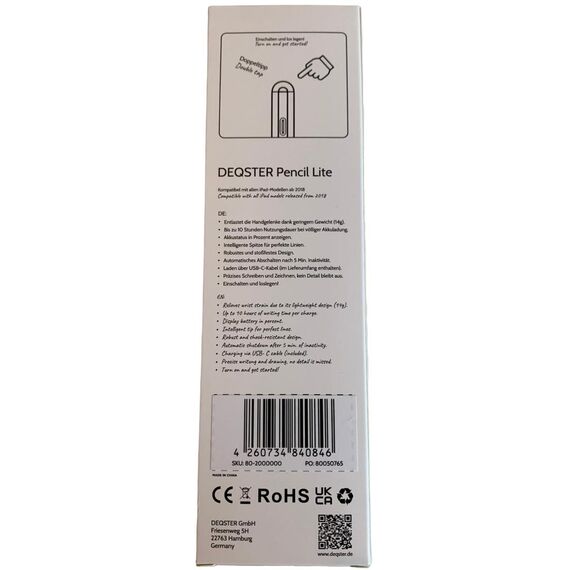 DEQSTER Pencil Lite, Tablet, Apple, White, iPads, Al | 80-2000000