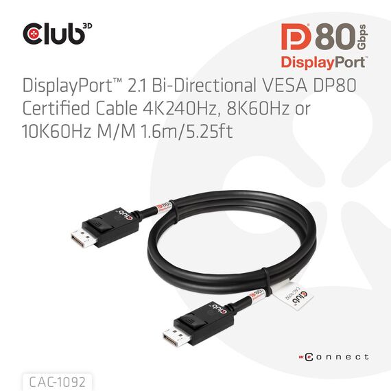 CLUB3D DisplayPort™ 2.1 Bi-Directional VESA DP80 Certi | CAC-1092