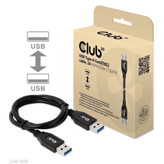 CLUB3D USB Type-A Gen2(10G) cable, 3A M/M 0.5m / 1.64  | CAC-1409