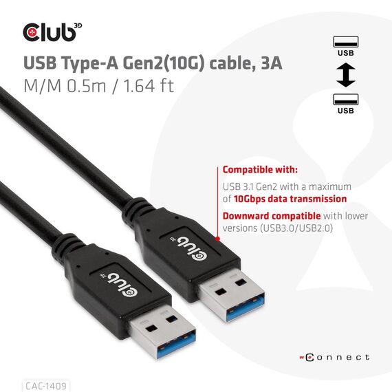 CLUB3D USB Type-A Gen2(10G) cable, 3A M/M 0.5m / 1.64  | CAC-1409