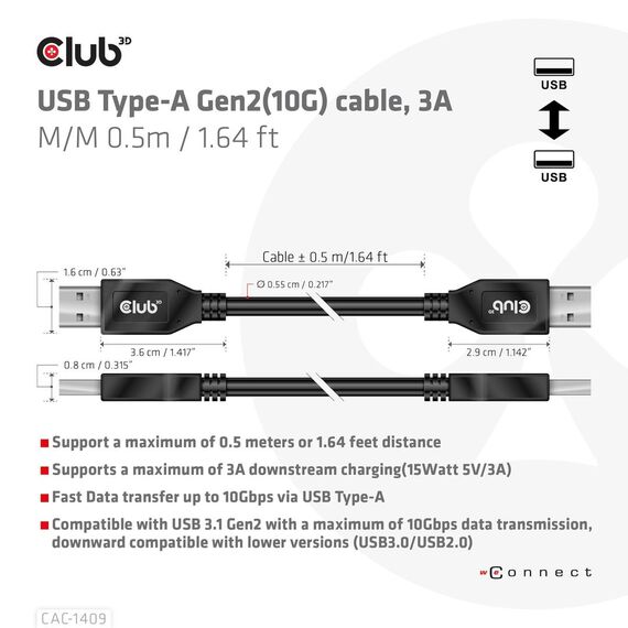 CLUB3D USB Type-A Gen2(10G) cable, 3A M/M 0.5m / 1.64  | CAC-1409