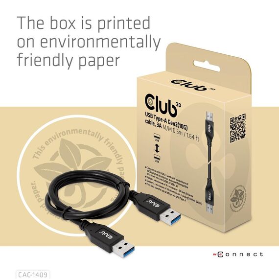 CLUB3D USB Type-A Gen2(10G) cable, 3A M/M 0.5m / 1.64  | CAC-1409