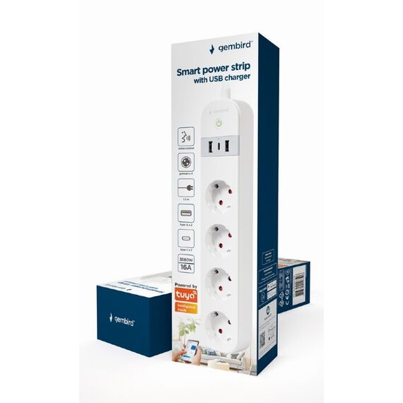Gembird TSL-PS-S4U-01-W - Smart power strip - AC 230 V - 3680 Wat