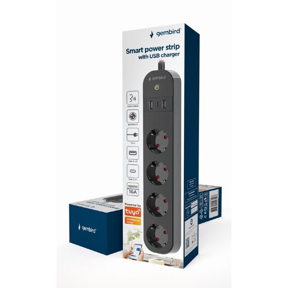 Gembird TSL-PS-S4U-01 - Smart power strip - AC 230 V - 3680 Watt