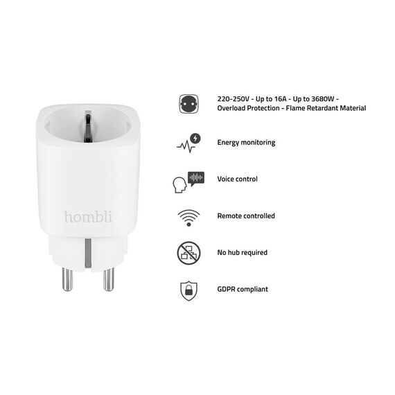 Hombli Smart Socket EU, Wireless, Wi-Fi, Indoor, Whit | HBSS-0109