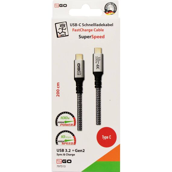2GO USB data cable - High Speed ​​- 10GBps - 100W - 2m 797513