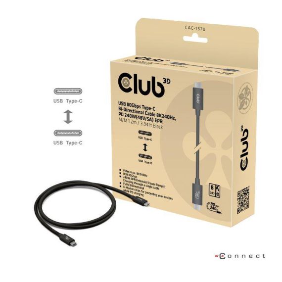 Club 3D USB 80Gbps Certified 240W 8K240Hz Type-C 1.2m Black Cable