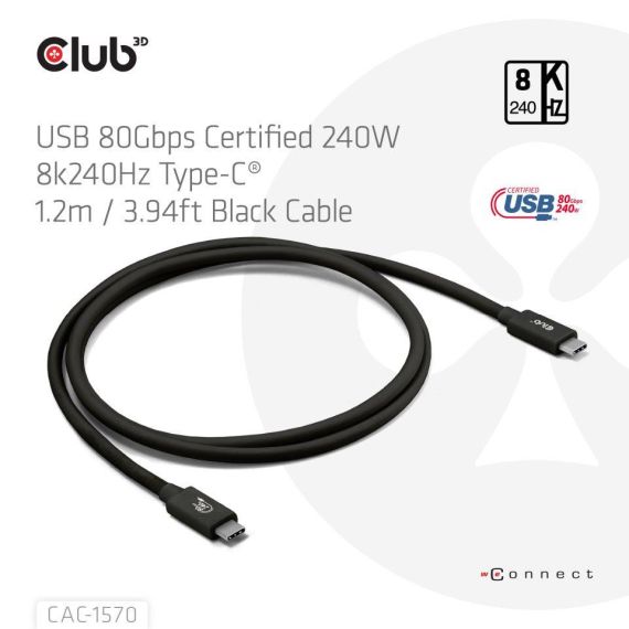 Club 3D USB 80Gbps Certified 240W 8K240Hz Type-C 1.2m Black Cable
