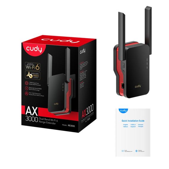 AX3000, Dual Band, Wi-Fi 6 Range Extender, Black/Red | RE3000