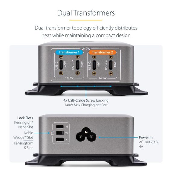 StarTech.com 4-Port USB-C Charger, 240W To | 424DEU-USB-C-CHARGER