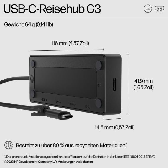 HP Travel Hub G3 - Port replicator - USB-C - HDMI - Sma | 86S97UT