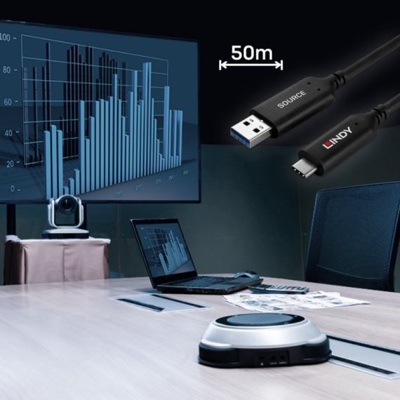 Lindy 50m USB 3.2 Gen 1 Type A to C Fibre Optic Hybrid Ca | 43397