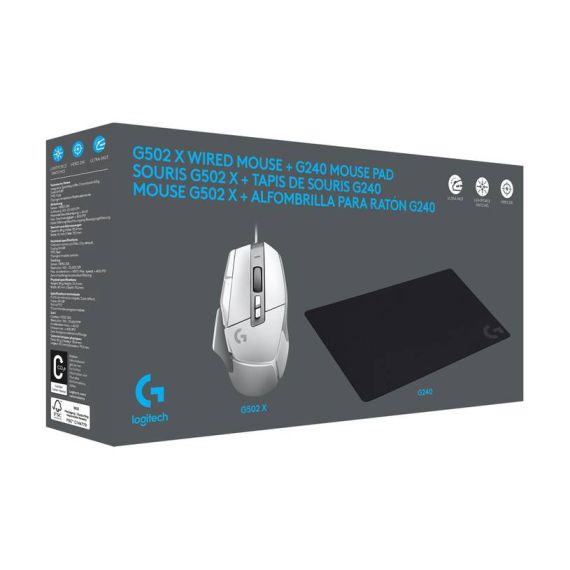 Logitech G502 X Gaming Mouse white  G240 mousepad black, USB