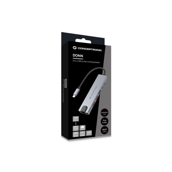 Conceptronic DONN29G 6-in-1 USB 3.2 Gen 2 Docking Station, 4K60Hz