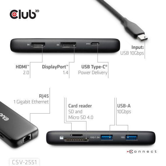 CLUB3D 8-1 Portable Dock USB Type-C® 10Gbps to HDMI™ a | CSV-2551