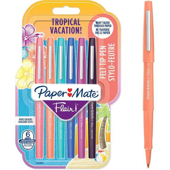 Paper Mate Flair Felt Tip Pens, Medium Point (0.7mm), Tropical Colours, 6Pcs