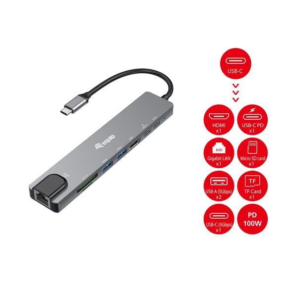 Equip USB-C 8 in 1 Multifunctional Adapter, Wired, USB T | 133497