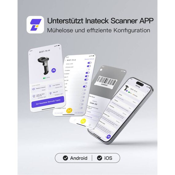 Inateck AI Barcode Scanner Bluetooth 1D Scanner BCST70AI_GRAY