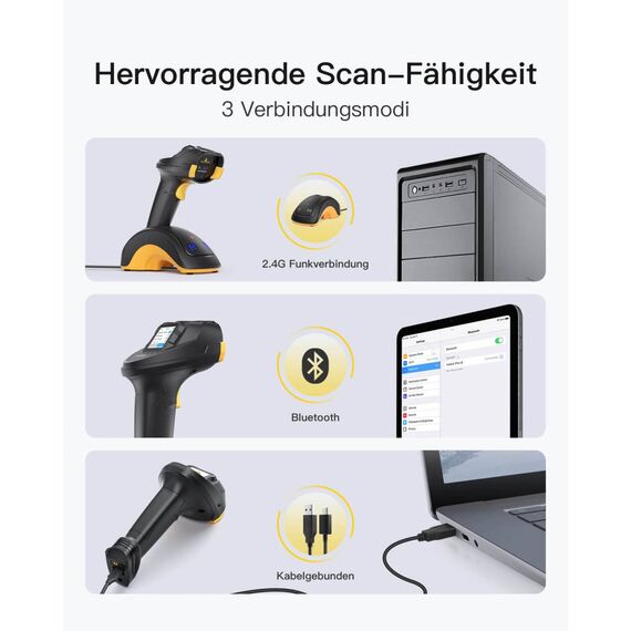 Inateck Pro 8 Bluetooth 5.3 1D 2D barcode scanner, with touchscreen black
