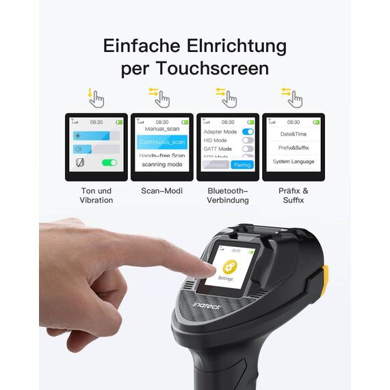 Inateck Pro 8 Bluetooth 5.3 1D 2D barcode scanner, with touchscreen black