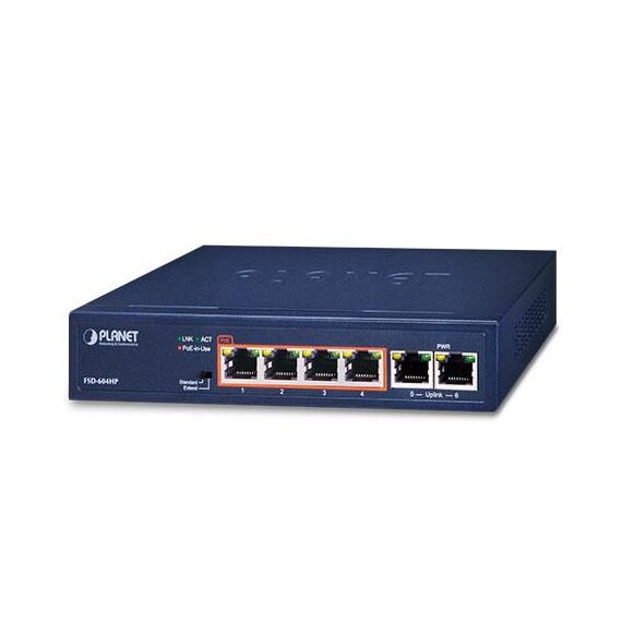 PLANET FSD-604HP, Unmanaged, Fast Ethernet (10/100), Full duplex,