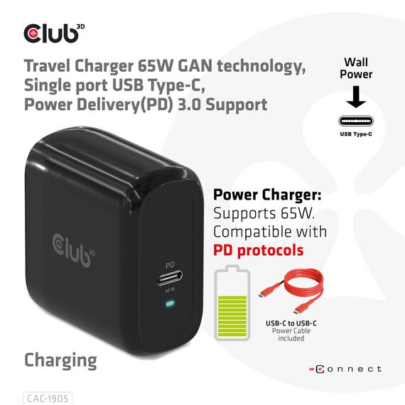 CLUB3D Travel Charger 65W GAN technology, Single por | CAC-1905EU