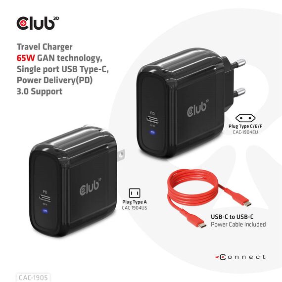 CLUB3D Travel Charger 65W GAN technology, Single por | CAC-1905EU
