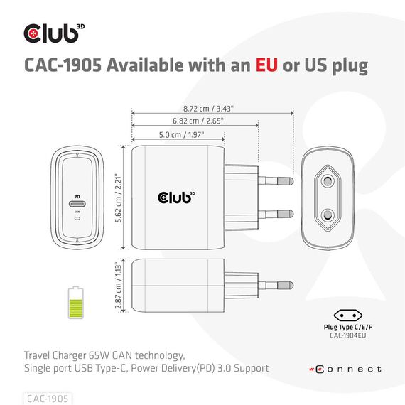 CLUB3D Travel Charger 65W GAN technology, Single por | CAC-1905EU