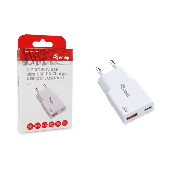 Equip 2-Port 20W GaN Slim USB PD Charger, PPS, USB-C x1, USB-A x1