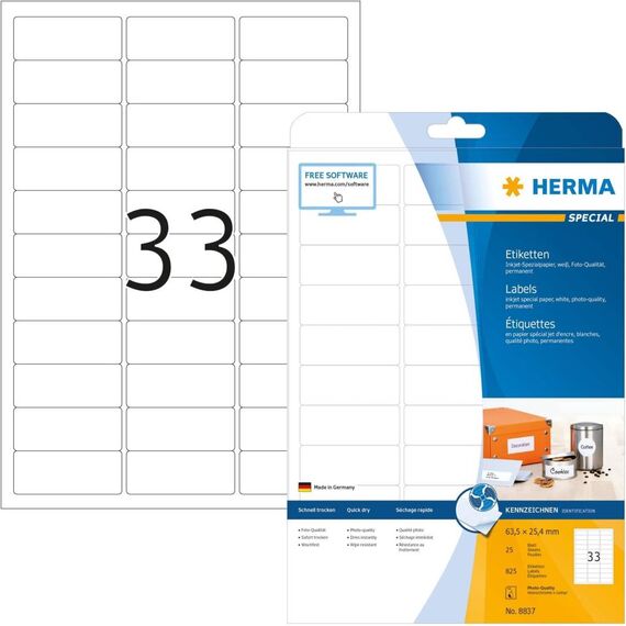 HERMA Inkjet labels A4, 63,5 x 25,4 mm, white, 8837