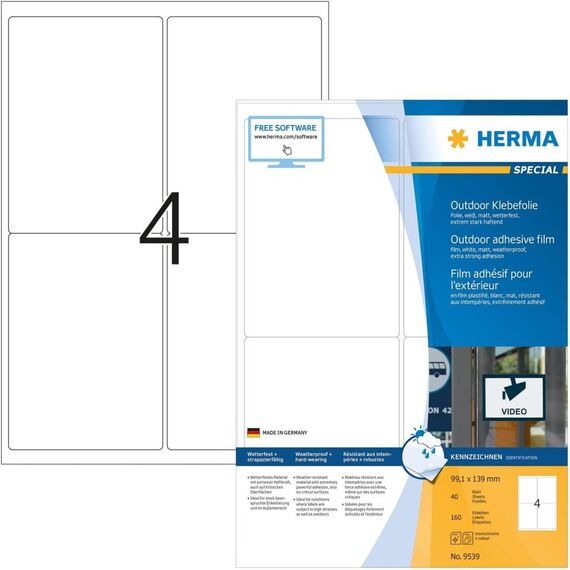 HERMA Weatherproof outdoor film labels A4, 99,1 x 139 mm, white, 9539