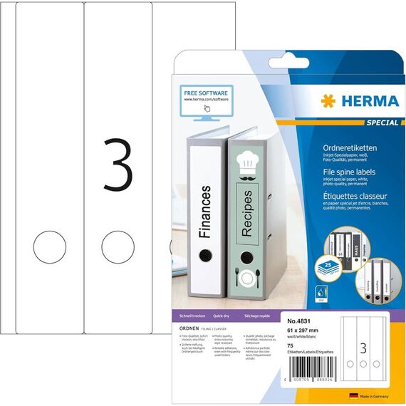 HERMA Inkjet file spine labels A4, 61 x 297 mm, white,