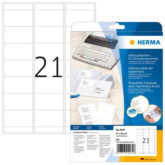 HERMA Paper permanent adhesive matt white 67 x 38 mm 420 4431