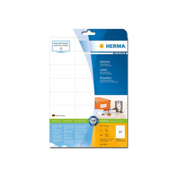 HERMA PREMIUM labels A4, 70 x 37 mm, white, white, 4390