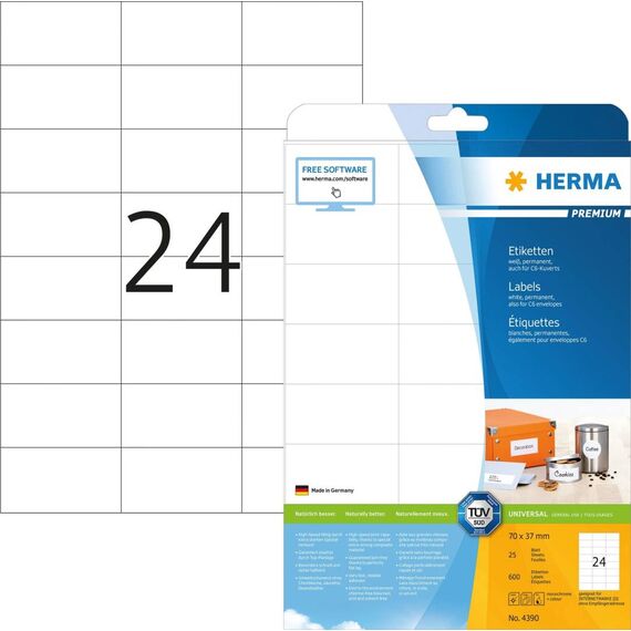 HERMA PREMIUM labels A4, 70 x 37 mm, white, white, 4390