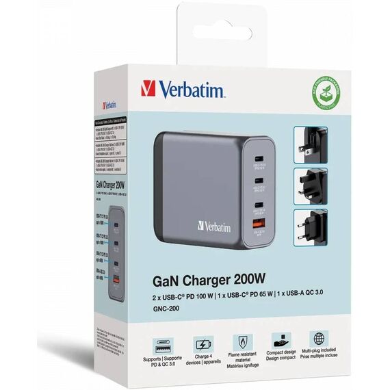 Verbatim Power adapter GaN AC 100240 V 200 Watt output 32204