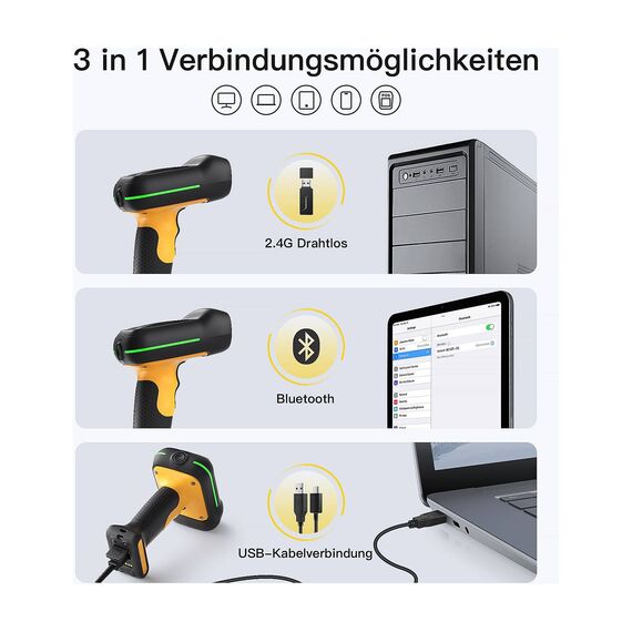 Inateck BCST-75 Black Industrial Wireless 2D Barcode Scanner IP67