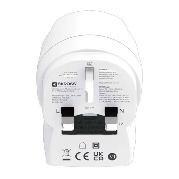 SKROSS Europe to UK Travel Adapter Type G with USB-C/USB-A