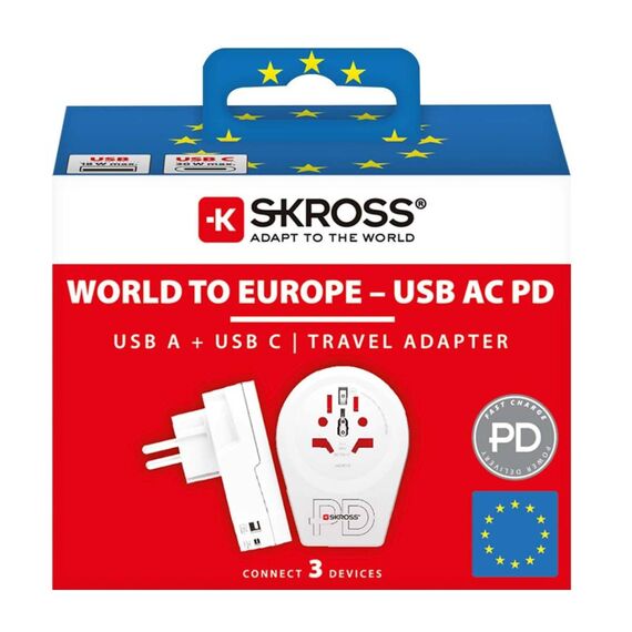 SKROSS World to Europe Travel Adapter with USB-C/USB-A