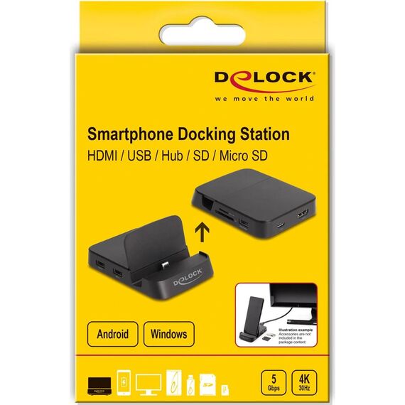 Delock 88018 Smartphone Docking Station 4K 30Hz USB-C HDMI USB Hub SD MicroSD Black