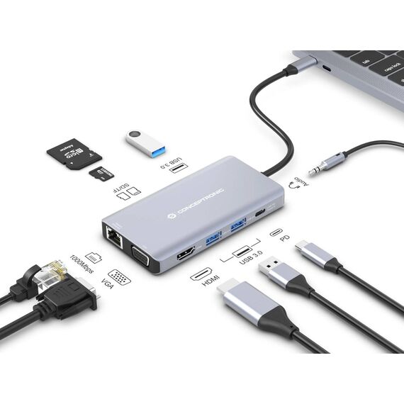 Conceptronic DONN20G USB-C Dock 4K HDMI VGA GbE 100W PD
