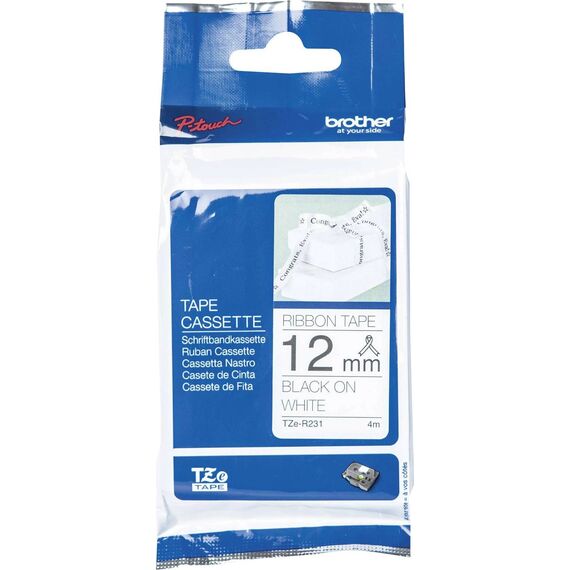 Brother TZe-R231 Black on White Satin Ribbon 12mm x 4m