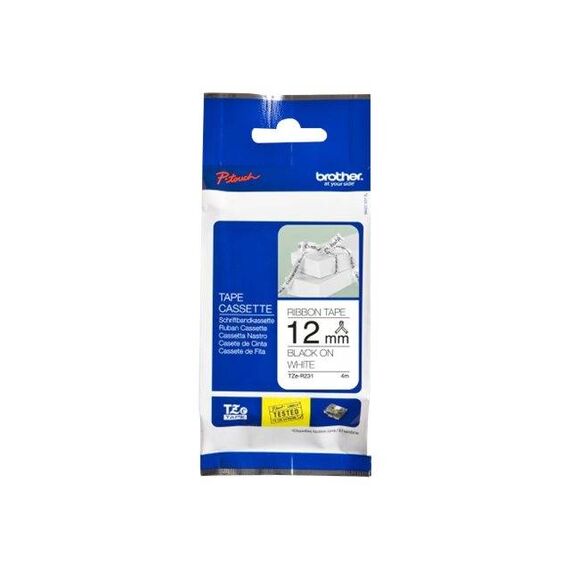 Brother TZe-R231 Black on White Satin Ribbon 12mm x 4m