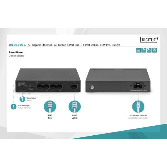 Digitus 4- Port Gigabit PoE Netzwerkswitch, Desktop, | DN-95330-1